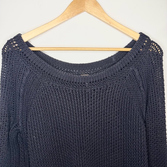 Free People Navy Blue Waffle Open Knit Boat Neck Sweater Size Small - Picture 3 of 8